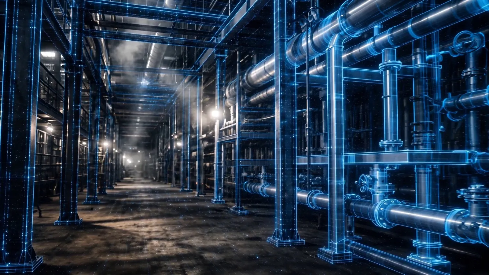A pipe rack corridor, half of it photographic and half redrawn as a blue wireframe model.