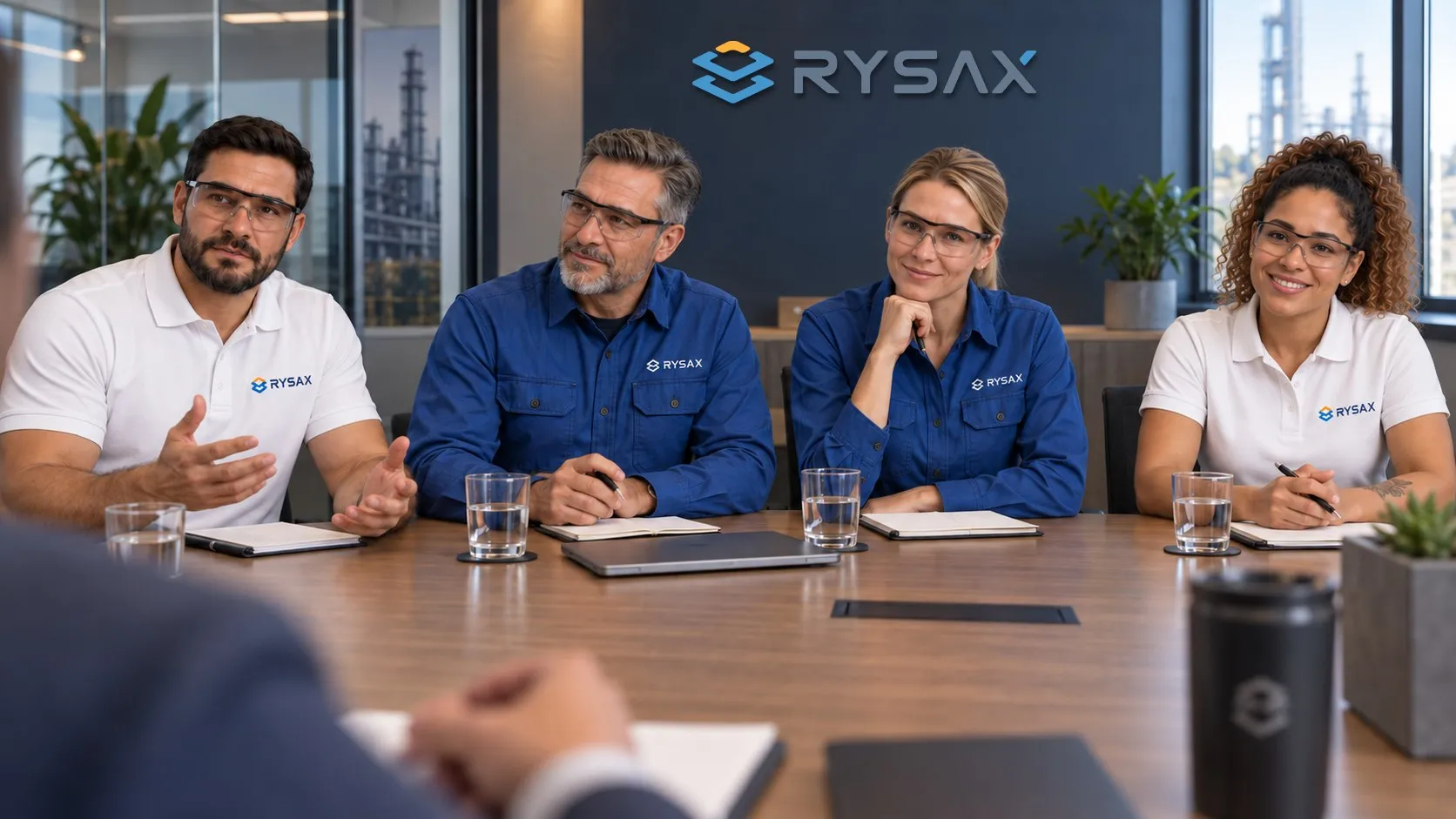 Four Rysax colleagues in branded shirts and safety glasses around a meeting table, talking with someone across from them.