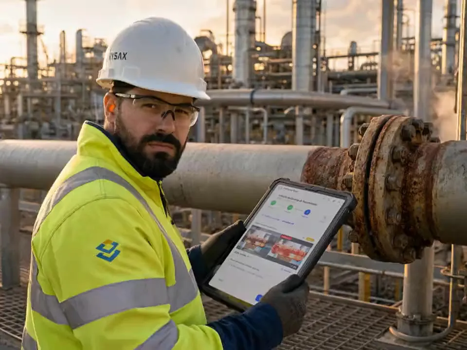 A crew member holding a tablet at a pipe rack, marking an area of interest for analysis.