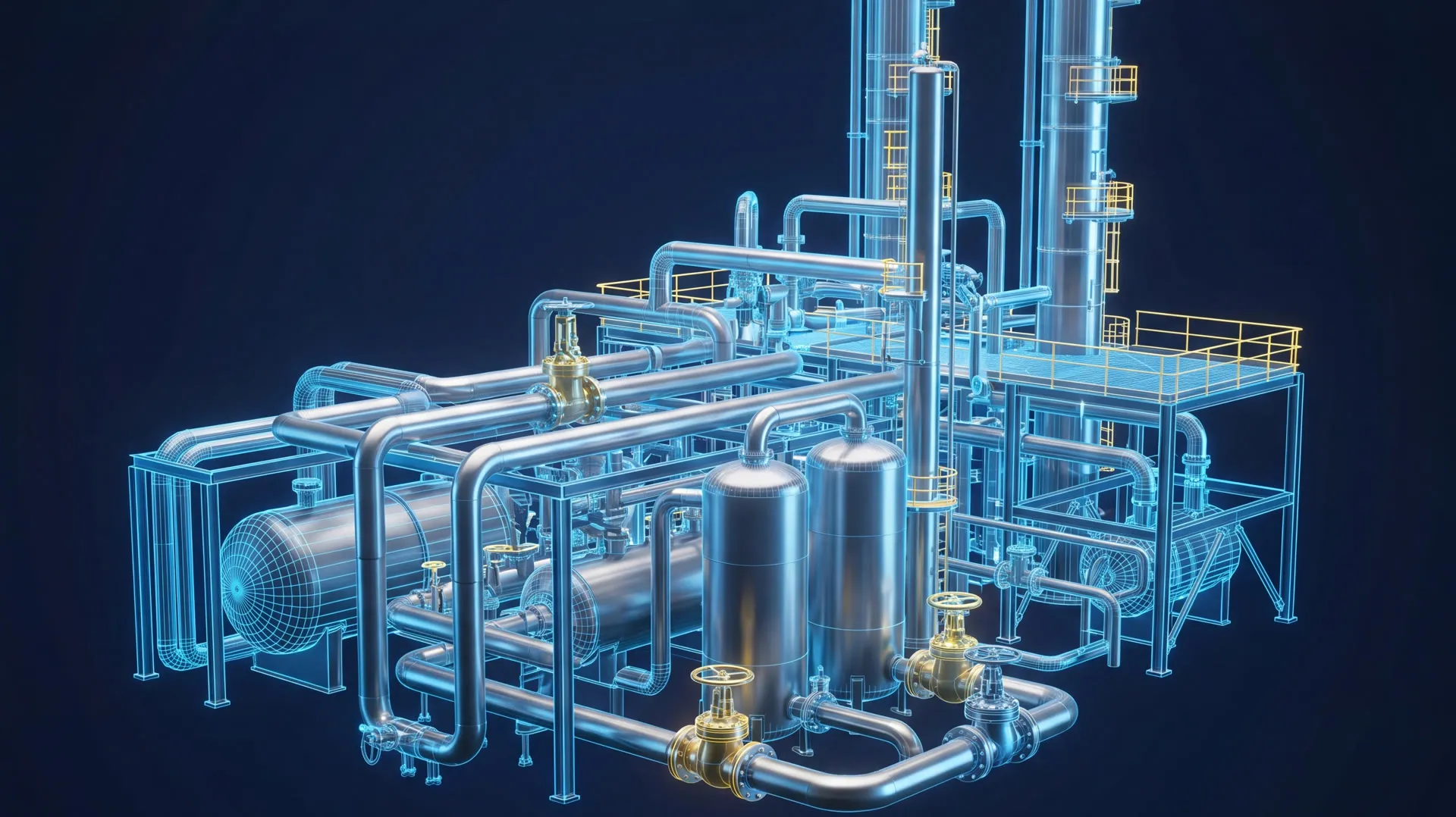 A 3D model of an industrial process unit, its pipework, vessels and access platforms drawn as a wireframe over solid geometry.