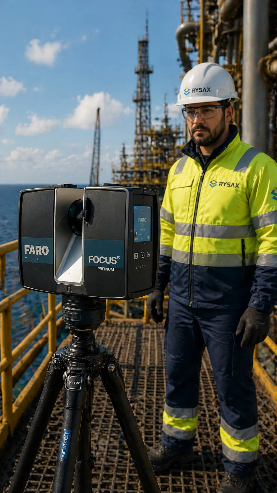 A Rysax field technician beside a laser scanner on a tripod on the deck of an offshore platform.