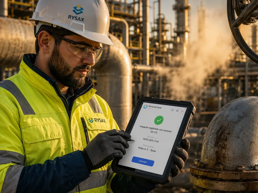 A Rysax field technician in high visibility clothing holding a rugged tablet beside a corroded pipe.