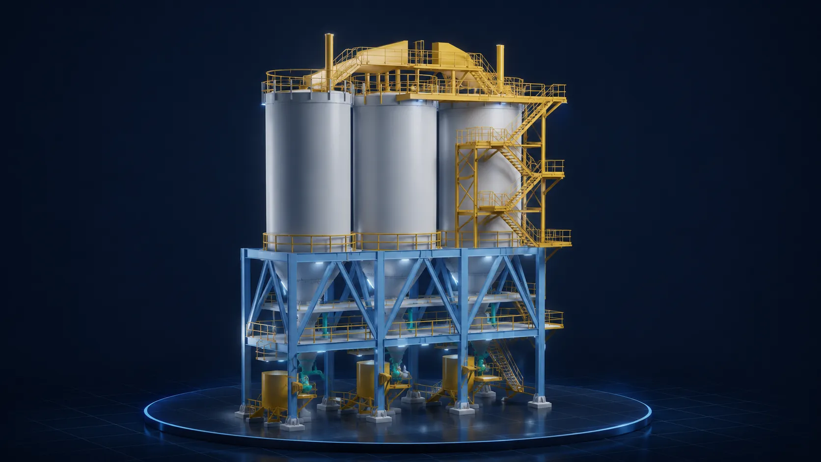 A three dimensional model of a bank of storage silos on a steel structure, turning against a dark background.