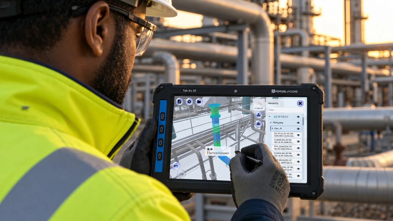 Over an inspector shoulder, a rugged tablet showing a three dimensional model of a pipe run, one length of it marked with a surface corrosion finding, the component list open beside it and the plant behind them.