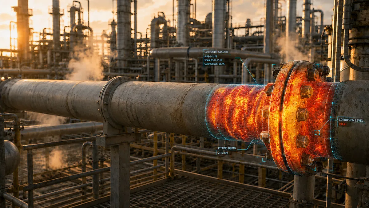 The same pipe with a corrosion analysis overlay: the corroded band mapped in orange, with labels reading corrosion analysis, corrosion level high and pitting depth.