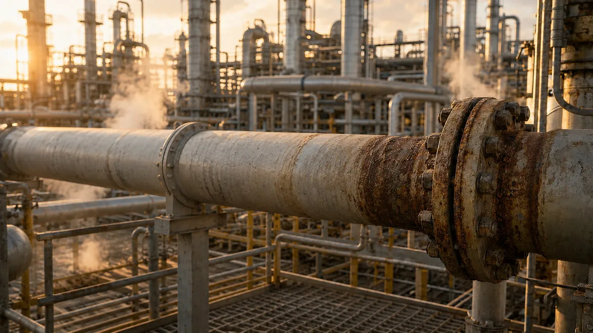 A large corroded pipe and flange on an outdoor pipe rack at sunset, with a refinery behind it.