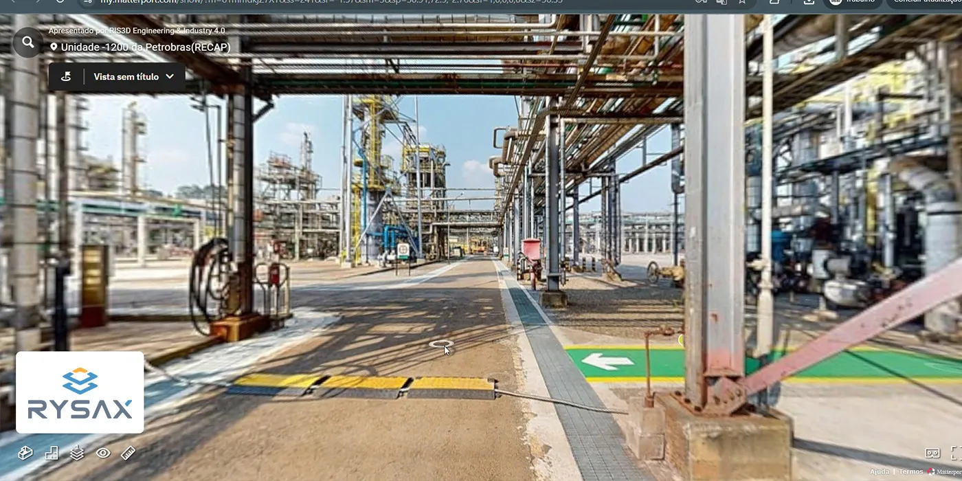 A virtual walkthrough of a process plant on screen, the camera part way along a pipe rack with the route marked on the floor.