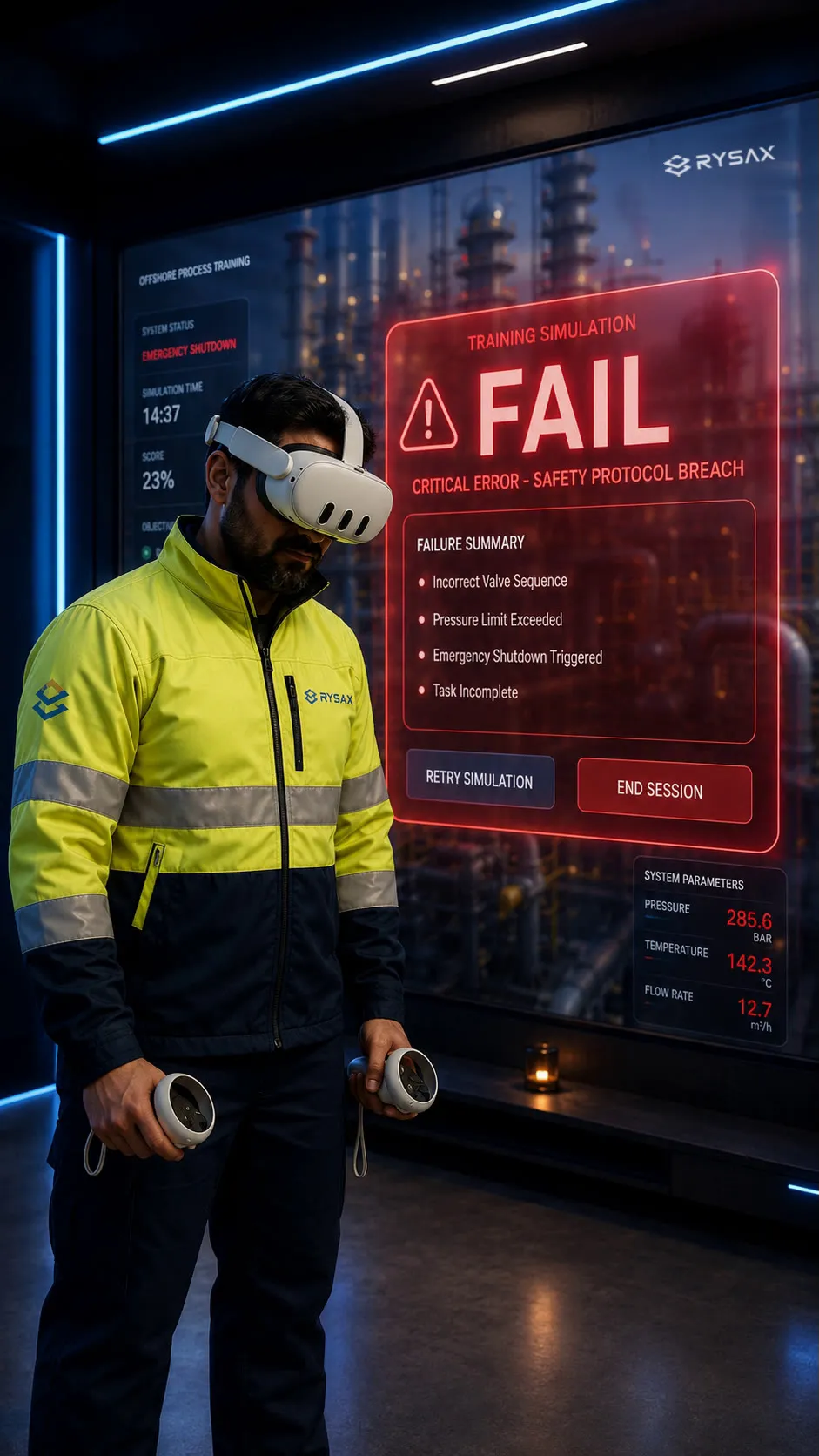 A Rysax field technician in a virtual reality headset standing before a large screen where a training simulation has ended in failure, listing the errors that caused it.